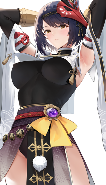 Anime picture 1447x2524 with genshin impact kujou sara karacak single tall image looking at viewer fringe short hair breasts light erotic black hair simple background large breasts standing white background yellow eyes wide sleeves arms up armpit (armpits) arms behind head