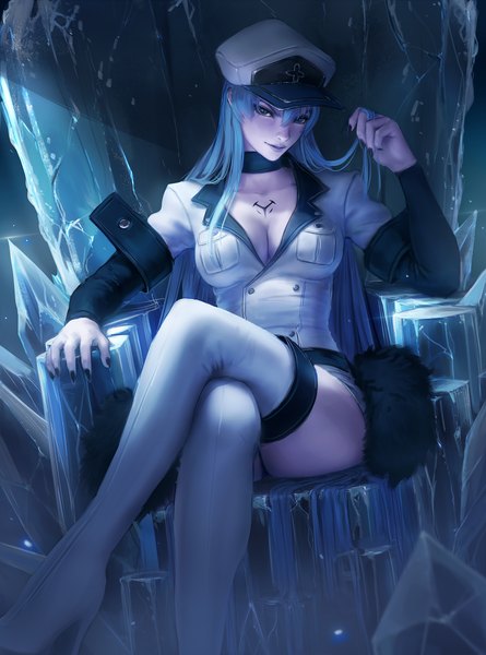 Anime picture 2968x4000 with akame ga kill! white fox esdeath zarory single long hair tall image looking at viewer fringe highres breasts blue eyes light erotic smile hair between eyes large breasts sitting blue hair cleavage bent knee (knees)