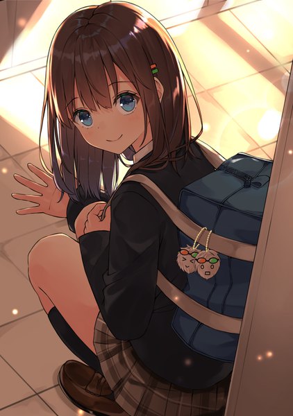 Anime picture 1020x1450 with original moe2019 miko fly single long hair tall image looking at viewer blush fringe blue eyes smile hair between eyes brown hair indoors looking back sunlight plaid skirt squat waving girl