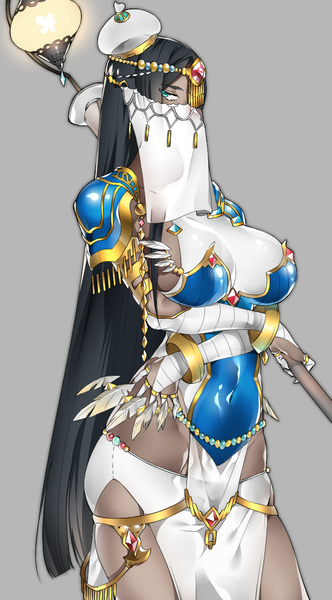 Anime picture 628x1135 with fate (series) fate/grand order scheherazade (fate) sino42 single long hair tall image looking at viewer breasts light erotic black hair simple background large breasts traditional clothes aqua eyes grey background covered navel covered mouth egyptian clothes girl