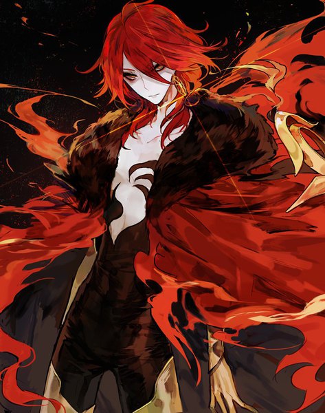 Anime picture 709x900 with fate (series) fate/apocrypha karna (fate) mo (mocopo) single long hair tall image looking at viewer fringe hair between eyes red eyes standing red hair fur trim boy fur fire single earring