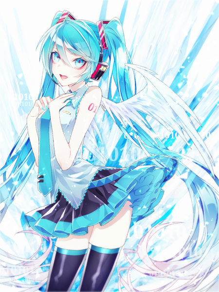 Anime picture 1536x2048 with vocaloid hatsune miku 1055 single tall image looking at viewer fringe open mouth hair between eyes standing twintails bare shoulders very long hair nail polish :d pleated skirt aqua eyes fingernails aqua hair tattoo