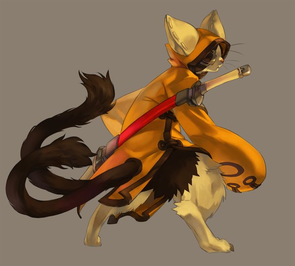 Anime picture 1586x1430 with blazblue jubei (blazblue) yadori (frousol) single simple background animal ears profile cat ears grey background cat tail boy weapon sword hood cat eyepatch furry