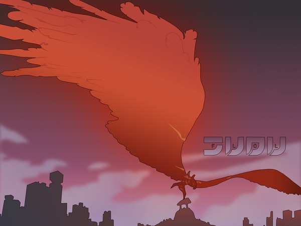 Anime picture 1280x960 with flcl gainax atomsk sky city cityscape wings feather (feathers) eagle