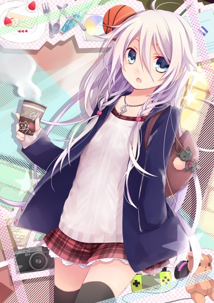 Anime picture 1000x1414 with vocaloid ia (vocaloid) kuroi (liar-player) long hair tall image open mouth blue eyes standing holding purple hair braid (braids) open clothes open jacket twin braids plaid skirt hand in pocket frilly skirt steam girl thighhighs