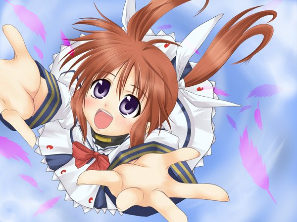 Anime picture 1147x862 with mahou shoujo lyrical nanoha takamachi nanoha tadokoro teppei single long hair looking at viewer fringe open mouth blue eyes brown hair twintails payot sky ahoge outdoors long sleeves from above wind spread arms outstretched hand