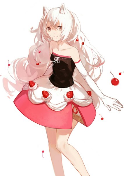 Anime picture 709x1000 with original cotta single long hair tall image looking at viewer simple background smile white background bare shoulders brown eyes animal ears white hair cat ears off shoulder cat girl girl dress gloves elbow gloves