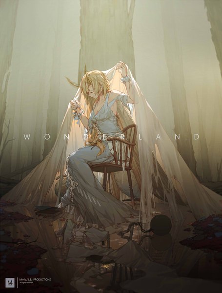 Anime picture 1700x2240 with original mivit single long hair tall image breasts blonde hair sitting bare shoulders signed cleavage eyes closed pointy ears off shoulder inscription looking down insect wings antennae insect girl girl