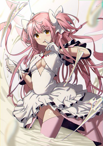 Anime picture 1000x1414 with mahou shoujo madoka magica shaft (studio) kaname madoka goddess madoka noeru single tall image looking at viewer blush fringe breasts light erotic hair between eyes yellow eyes pink hair very long hair two side up partially submerged finger to mouth cleavage cutout