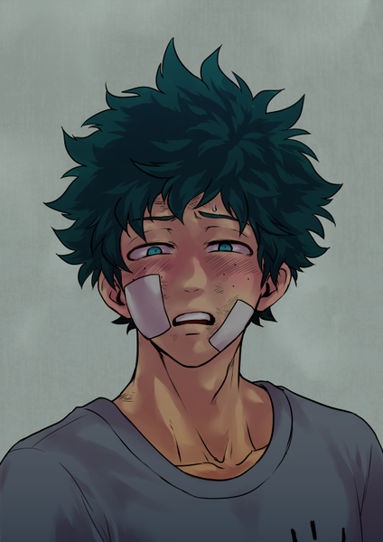 Anime-Bild 566x800 mit boku no hero academia studio bones midoriya izuku kuso sweets single tall image looking at viewer blush fringe short hair open mouth simple background upper body aqua eyes green hair grey background embarrassed spiked hair bandaid on face boy