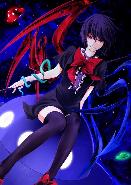 Anime picture 1100x1558 with touhou houjuu nue pkk single tall image short hair smile red eyes sitting purple hair girl thighhighs dress bow black thighhighs wings snake spacecraft ufo flying saucer