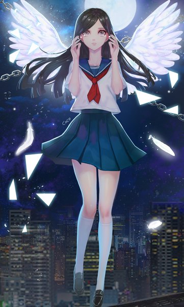 Anime picture 1326x2200 with original cocomarron single long hair tall image looking at viewer black hair brown eyes full body pleated skirt night night sky tears city cityscape angel wings crying white wings city lights weightlessness