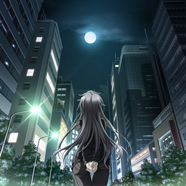Anime picture 1280x1280 with hapymaher purple software toriumi arisu koku single long hair game cg grey hair from behind night city girl plant (plants) tree (trees) building (buildings) moon