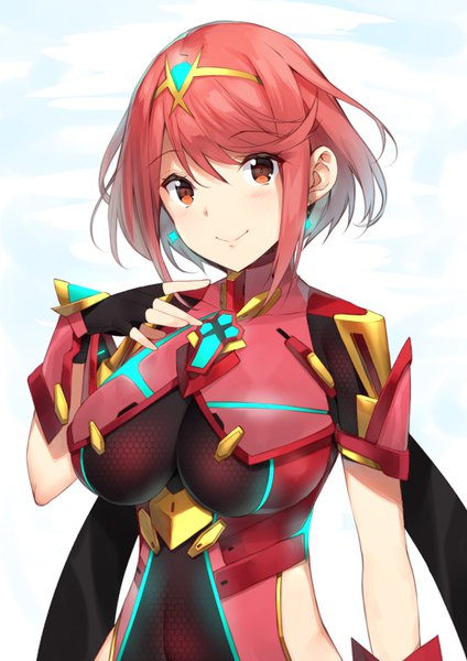 Anime picture 566x800 with xenoblade xenoblade 2 pyra (xenoblade) yappen single tall image looking at viewer blush fringe short hair breasts simple background smile hair between eyes large breasts brown eyes payot upper body red hair covered navel