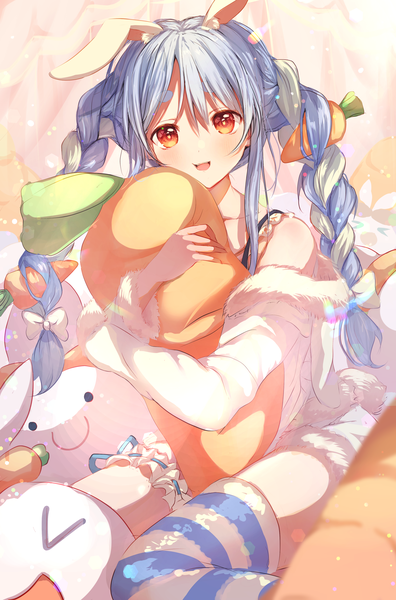 Anime picture 2700x4093 with virtual youtuber hololive usada pekora peach punch single long hair tall image looking at viewer blush fringe highres open mouth smile hair between eyes sitting bare shoulders animal ears payot blue hair bent knee (knees)