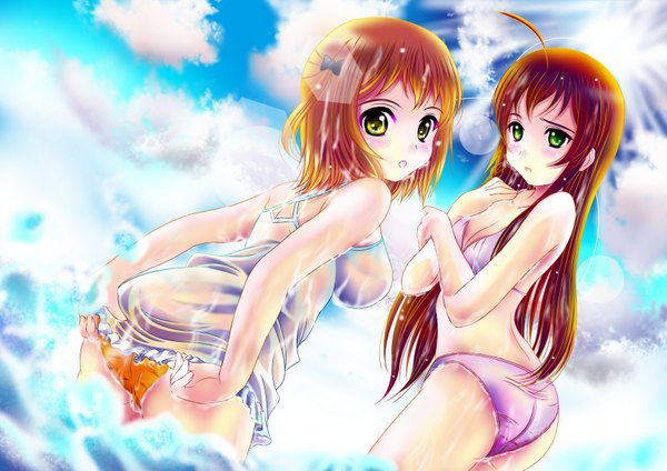 Anime picture 3541x2508 with hataraku maou-sama! white fox sasaki chiho yusa emi aka kitsune long hair looking at viewer blush highres short hair breasts open mouth light erotic brown hair bare shoulders multiple girls green eyes yellow eyes absurdres sky