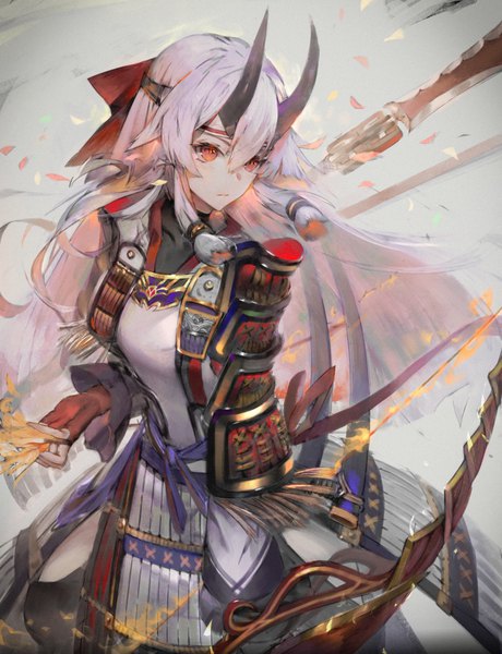 Anime picture 700x913 with fate (series) fate/grand order tomoe gozen (fate) hxxg single long hair tall image fringe hair between eyes red eyes standing looking away silver hair traditional clothes japanese clothes horn (horns) oni horns samurai girl gloves