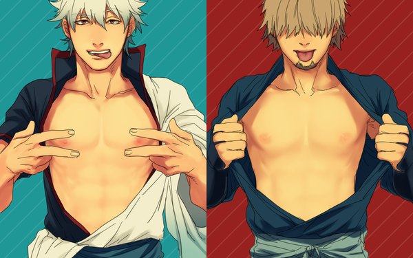 Anime picture 1024x640 with gintama sunrise (studio) sakata gintoki hattori zenzou shiru (squip) short hair open mouth light erotic blonde hair red eyes brown hair wide image nipples traditional clothes japanese clothes open clothes multiple boys hair over eyes boy tongue