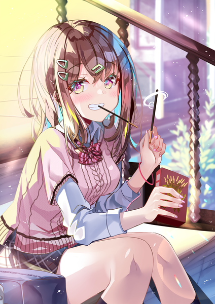 Anime picture 1447x2046 with original sho (runatic moon) single long hair tall image blush smile brown hair sitting purple eyes holding multicolored hair grin mouth hold colored inner hair pocky day girl food sweets hairclip