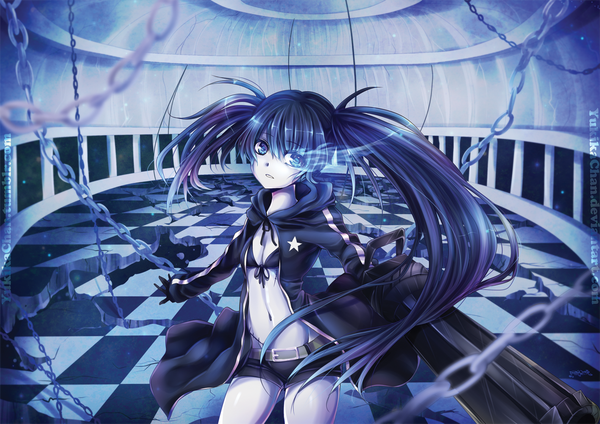 Anime picture 1415x1000 with black rock shooter black rock shooter (character) yukikachan single long hair blue eyes light erotic black hair twintails glowing scar glowing eye (eyes) checkered floor girl navel shorts gun chain cloak