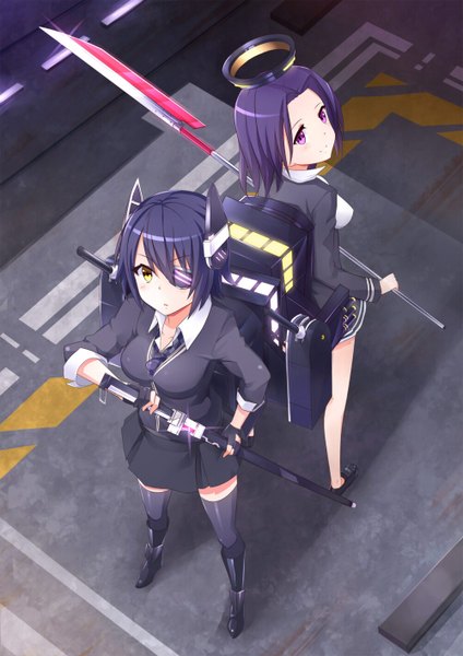 Anime picture 1000x1414 with kantai collection tenryuu light cruiser tatsuta light cruiser mmrailgun tall image short hair purple eyes multiple girls yellow eyes blue hair purple hair full body girl thighhighs gloves weapon black thighhighs 2 girls sword fingerless gloves