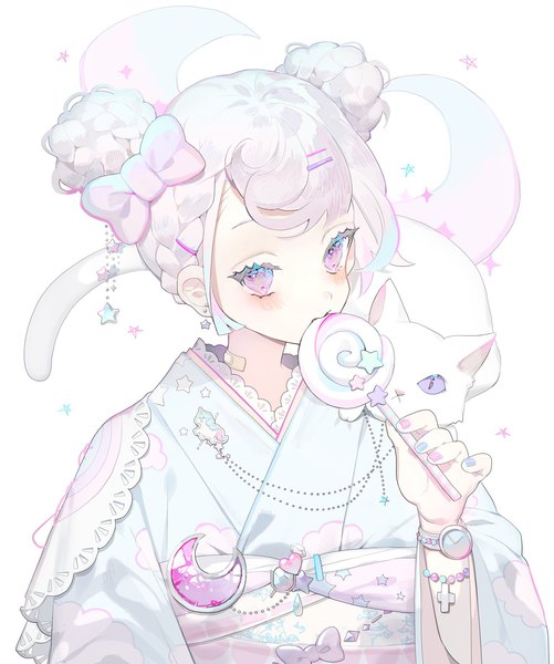 Anime picture 1300x1558 with original natsuro single tall image looking at viewer fringe short hair white background purple eyes holding payot upper body white hair braid (braids) long sleeves nail polish traditional clothes japanese clothes wide sleeves hair bun (hair buns)