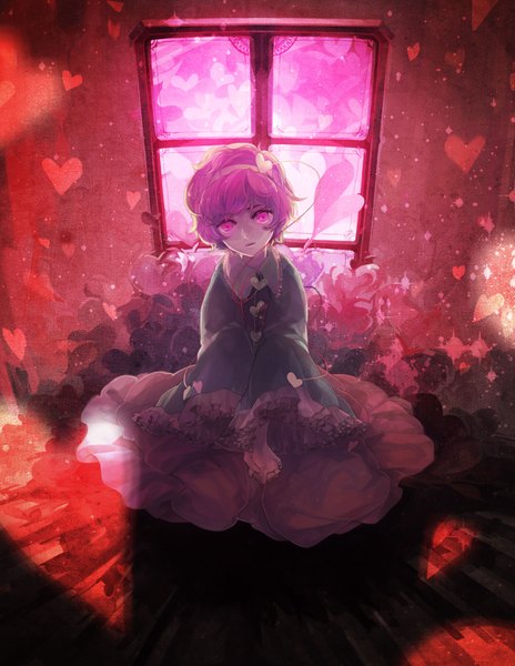 Anime picture 1448x1872 with touhou komeiji satori 0 (pixiv) single tall image short hair pink hair pink eyes girl window heart