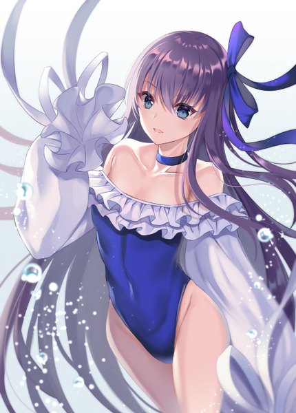 Anime picture 1000x1394 with fate (series) fate/grand order meltryllis (fate) meltryllis (swimsuit lancer) (fate) harimoji single tall image looking at viewer fringe open mouth blue eyes light erotic simple background hair between eyes standing white background bare shoulders purple hair very long hair floating hair