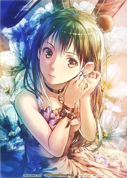 Anime picture 1000x1400 with idolmaster idolmaster cinderella girls shibuya rin ek masato single long hair tall image brown hair bare shoulders brown eyes animal ears lips bunny ears sleeveless fake animal ears colorful girl dress hair ornament flower (flowers)