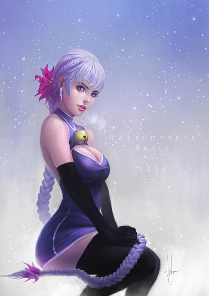 Anime picture 636x900 with original poibuts single tall image looking at viewer breasts purple eyes signed cleavage purple hair braid (braids) very long hair lips mole mole under eye single braid exhalation girl thighhighs gloves