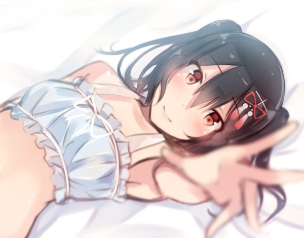 Anime picture 1400x1098 with kantai collection sendai light cruiser hiiragi hajime single looking at viewer blush short hair black hair brown eyes light smile two side up outstretched arm girl hair ornament ribbon (ribbons) hairclip
