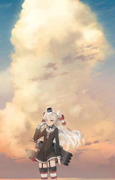 Anime picture 822x1280 with kantai collection amatsukaze destroyer hayashi kewi single long hair tall image blush fringe smile standing brown eyes looking away sky silver hair cloud (clouds) one eye closed wind two side up adjusting hair girl