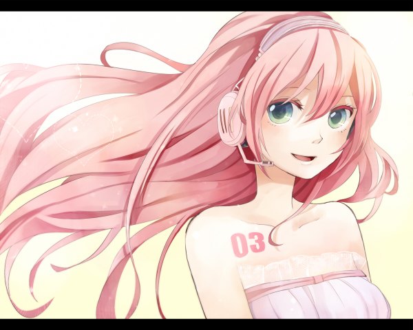 Anime picture 1200x960 with vocaloid megurine luka tama (songe) single long hair smile pink hair aqua eyes letterboxed girl headphones
