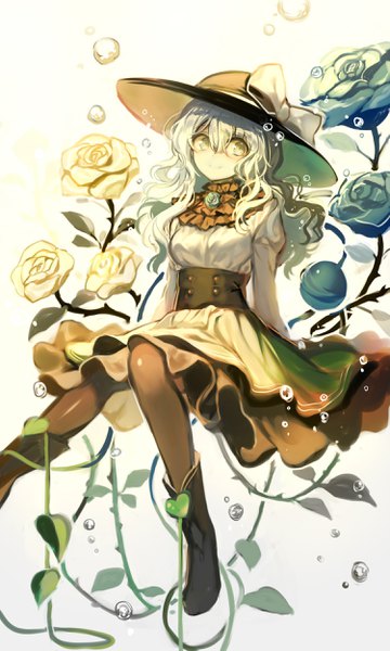 Anime picture 1500x2500 with touhou komeiji koishi fuepo single long hair tall image fringe hair between eyes looking away silver hair silver eyes girl skirt flower (flowers) hat pantyhose black pantyhose rose (roses) knee boots bubble (bubbles)