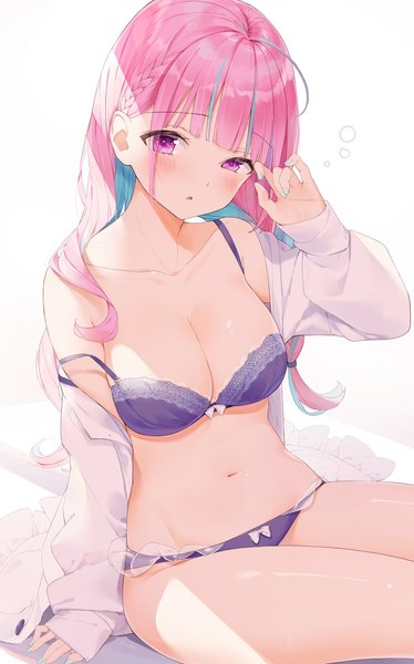 Anime picture 1142x1834 with virtual youtuber hololive minato aqua kinako (shiratama mochi) single long hair tall image looking at viewer blush fringe breasts open mouth light erotic large breasts sitting pink hair cleavage ahoge blunt bangs braid (braids)