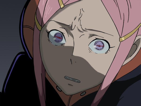 Anime picture 1600x1200 with eureka seven studio bones anemone single purple eyes pink hair grey background close-up vector screenshot girl