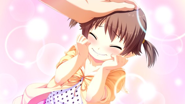 Anime picture 1024x576 with suigetsu 2 blush short hair smile brown hair wide image game cg eyes closed loli girl child (children)