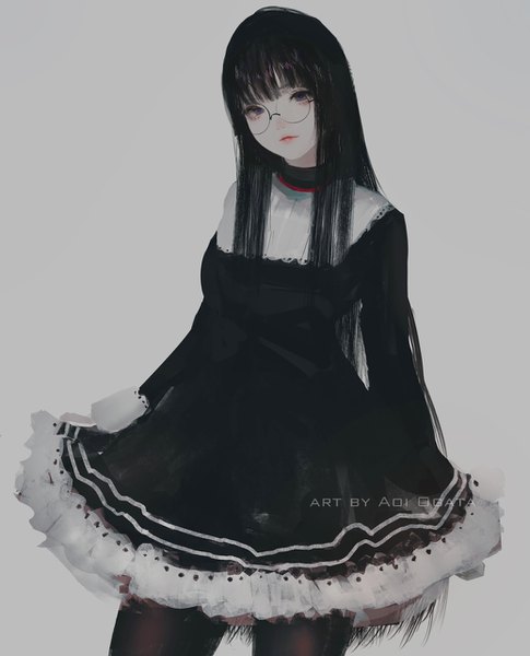 Anime picture 1036x1280 with original aoi ogata single long hair tall image looking at viewer fringe black hair standing signed payot blunt bangs long sleeves lips grey background grey eyes watermark lolita fashion goth-loli girl