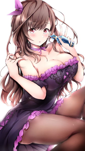 Anime picture 1500x2667 with idolmaster idolmaster shiny colors tsukioka kogane neofreet single long hair tall image looking at viewer blush fringe breasts open mouth light erotic simple background hair between eyes red eyes brown hair large breasts white background sitting