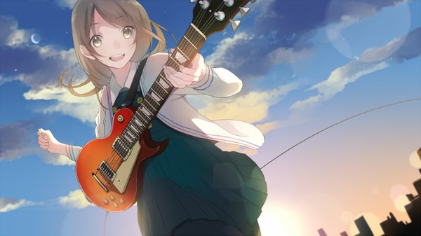 Anime picture 1280x720 with original vocaloid koyubi single long hair looking at viewer blush open mouth smile brown hair wide image brown eyes sky cloud (clouds) teeth city evening looking down sunset girl