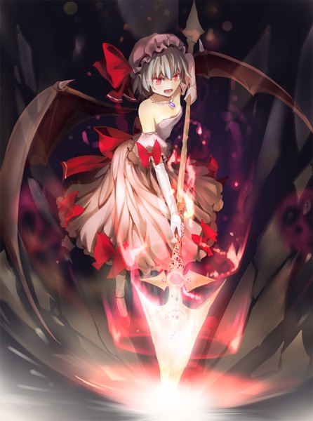 Anime picture 1024x1377 with touhou remilia scarlet culter single tall image short hair open mouth red eyes bare shoulders blue hair girl dress gloves bow ribbon (ribbons) weapon wings elbow gloves bonnet spear the gungnir