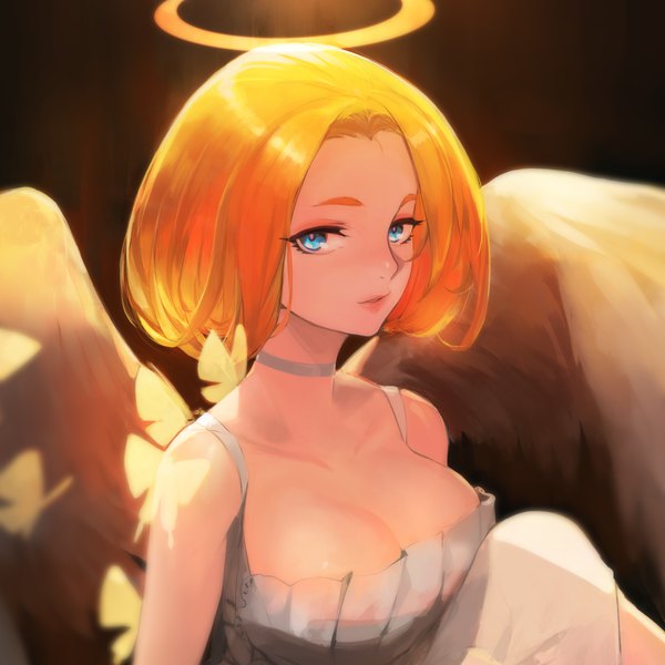 Anime picture 4961x4961 with original bamuth single looking at viewer highres short hair breasts blue eyes light erotic simple background large breasts absurdres upper body orange hair angel wings angel girl wings choker insect