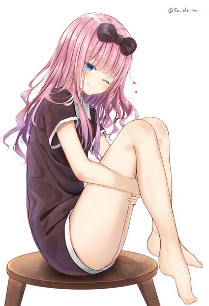 Anime picture 2594x3780 with kaguya-sama wa kokurasetai ~tensai-tachi no renai zunousen~ a-1 pictures fujiwara chika sashima single long hair tall image looking at viewer blush fringe highres blue eyes simple background smile white background signed pink hair full body bent knee (knees) blunt bangs