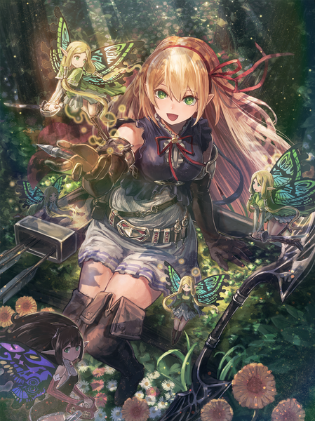 Аниме картинка 1370x1830 с shadowverse arisa (shadowverse) kuroi susumu длинные волосы высокое изображение смотрит на зрителя румянец чёлка открытый рот светлые волосы волосы между глазами сидит несколько девушек держать зелёные глаза пейсы согнутое колено (колени) на улице :d вид сверху