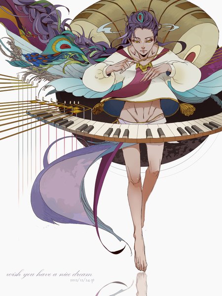 Anime picture 1500x2001 with original cp .ieng single tall image looking at viewer white background yellow eyes purple hair very long hair barefoot inscription legs reflection eyeshadow otoko no ko boy hair ornament feather (feathers) keys