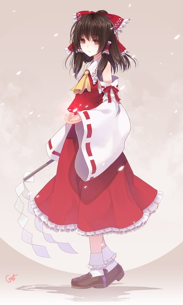 Anime picture 900x1500 with touhou hakurei reimu crote single long hair tall image black hair red eyes traditional clothes japanese clothes miko girl bow hair bow detached sleeves petals hair tubes gohei