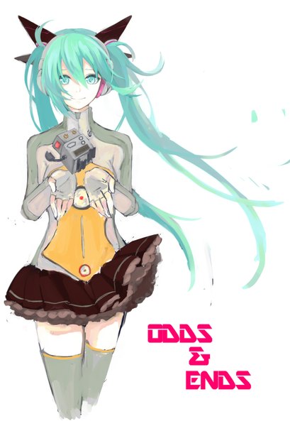 Anime picture 1000x1467 with vocaloid odds & ends (vocaloid) hatsune miku pyon0x0 single long hair tall image looking at viewer fringe smile standing white background twintails multicolored hair aqua eyes green hair wind aqua hair inscription girl