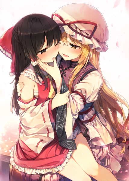 Anime picture 1000x1402 with touhou hakurei reimu yakumo yukari shnva long hair tall image fringe open mouth blonde hair hair between eyes brown hair sitting multiple girls brown eyes traditional clothes parted lips japanese clothes one eye closed wide sleeves finger to mouth