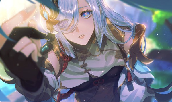 Anime picture 2200x1300 with genshin impact shenhe (genshin impact) zassyoku dd single long hair looking at viewer fringe highres blue eyes wide image silver hair from above hair over one eye dust girl gloves partly fingerless gloves