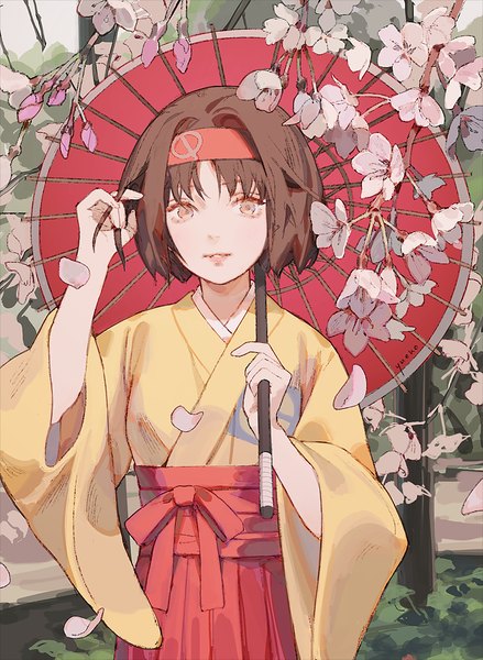 Anime picture 731x1000 with pokemon pokemon (game) nintendo erika (pokemon) yueko (jiayue wu) single tall image looking at viewer short hair brown hair brown eyes traditional clothes japanese clothes cherry blossoms adjusting hair girl petals hairband umbrella oriental umbrella